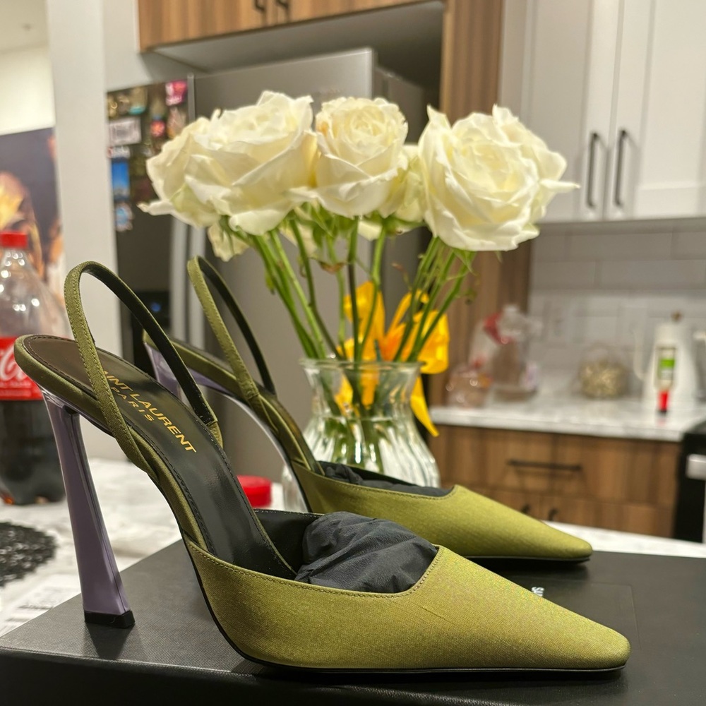 Saint Laurent Blade Slingback Pumps in Shantung and Patent Leather